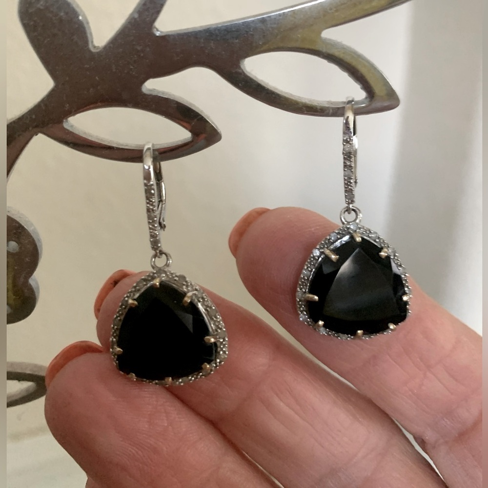 Ross Simons Back Onyx and Diamond Leverback Earrimgs
